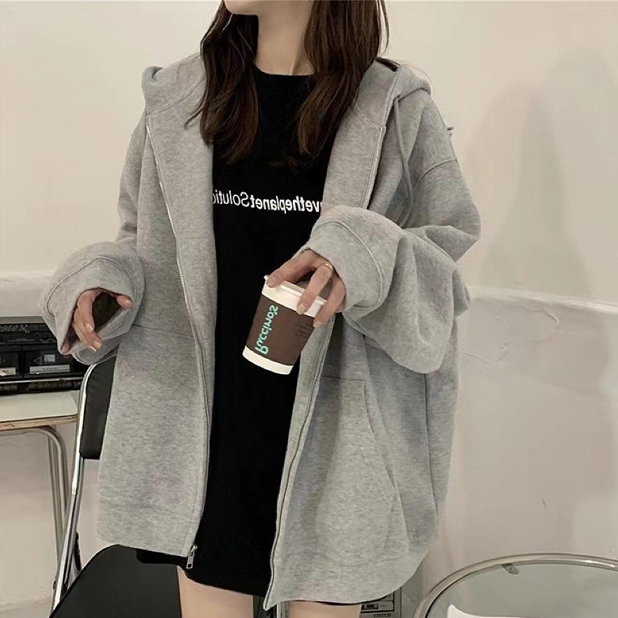 Chic Black Fleece-Lined Hooded Sweatshirt for Women - Loose Fit, Korean Style Jacket for Spring and Autumn