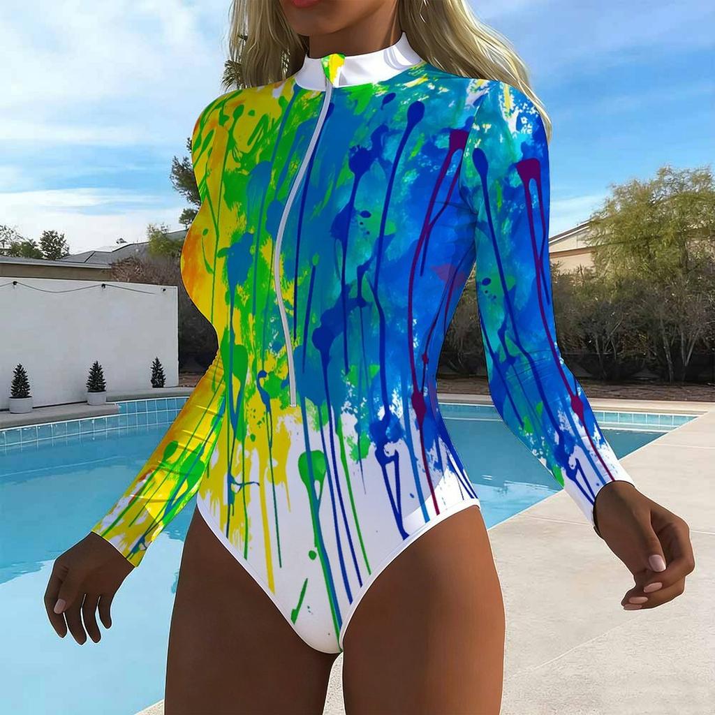 Women Long Sleeve One Piece Swimsuit Zip Front Fluid Splashed Paint Print Rash Guard Surfing Bathing Suit