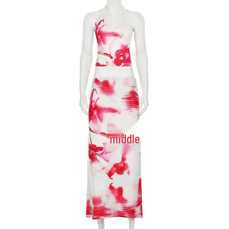 European & American Slimming Set: Resort Style Printed Vest with Impressionist Half Skirt