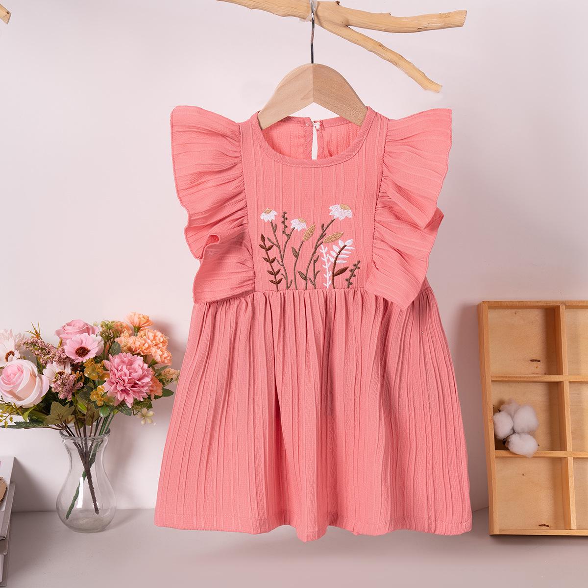 2025 Girls Pastoral Sweet Summer Dress - Embroidered Flowers, Puff Sleeves, Thin Pullover 100cm (2-3Y)