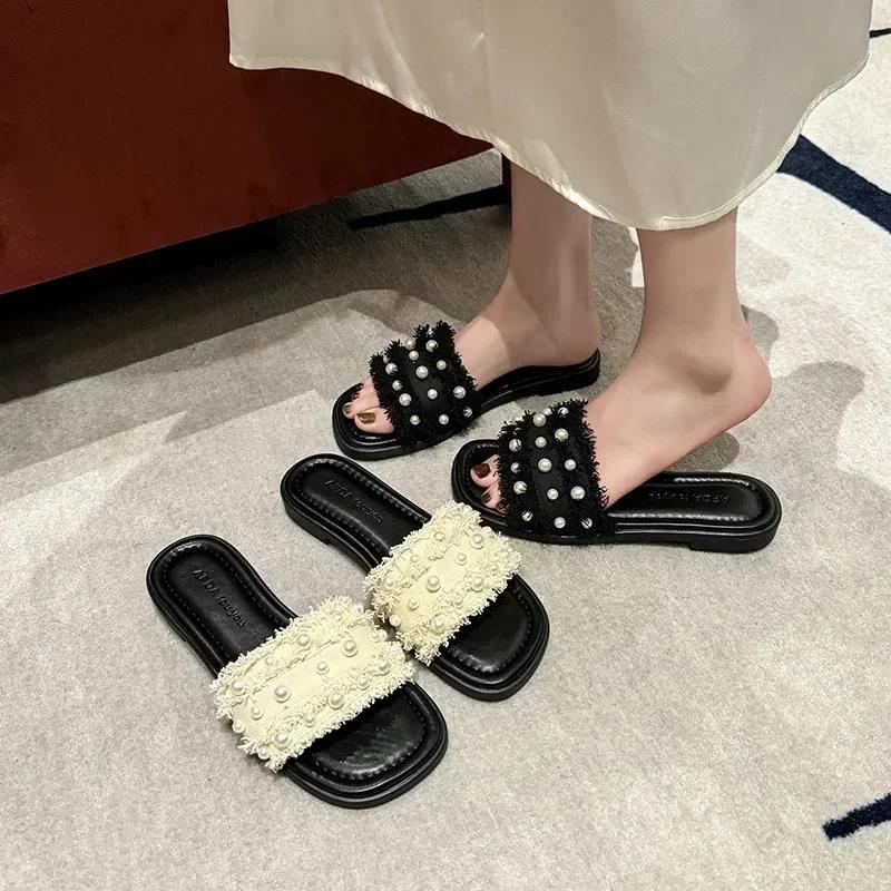 Fashion Summer 2024 Women Flat Pearl Sandals Fashion Open Toe Slides Dressy Casual Flip Flops Comfy Slip on Slippers Shoes for Women
