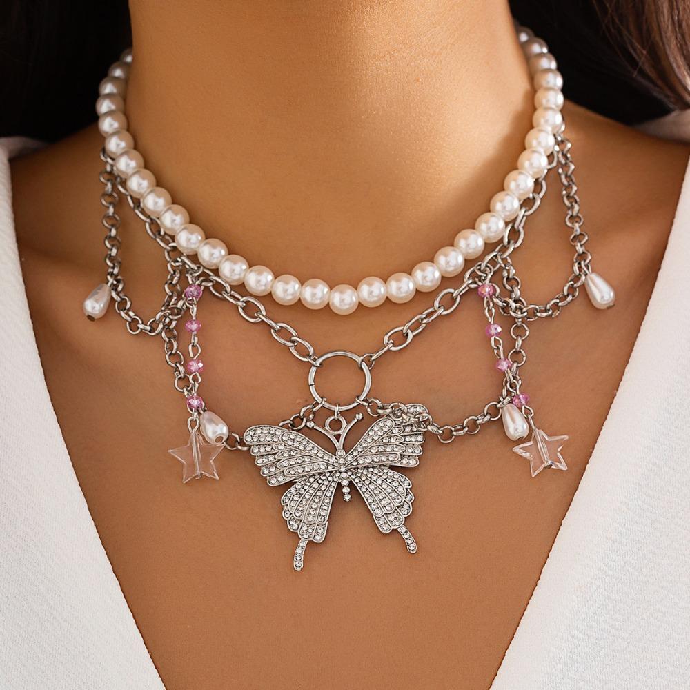 Bohemian Style Butterfly Pendant Necklace Pearl Beads Chain Choker Cute Multilayer Necklace  Women