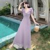 French Gentle Ruffle V-neck Bubble Sleeve Dress Summer Vacation Purple Lace-up Waist Texture Long Dress