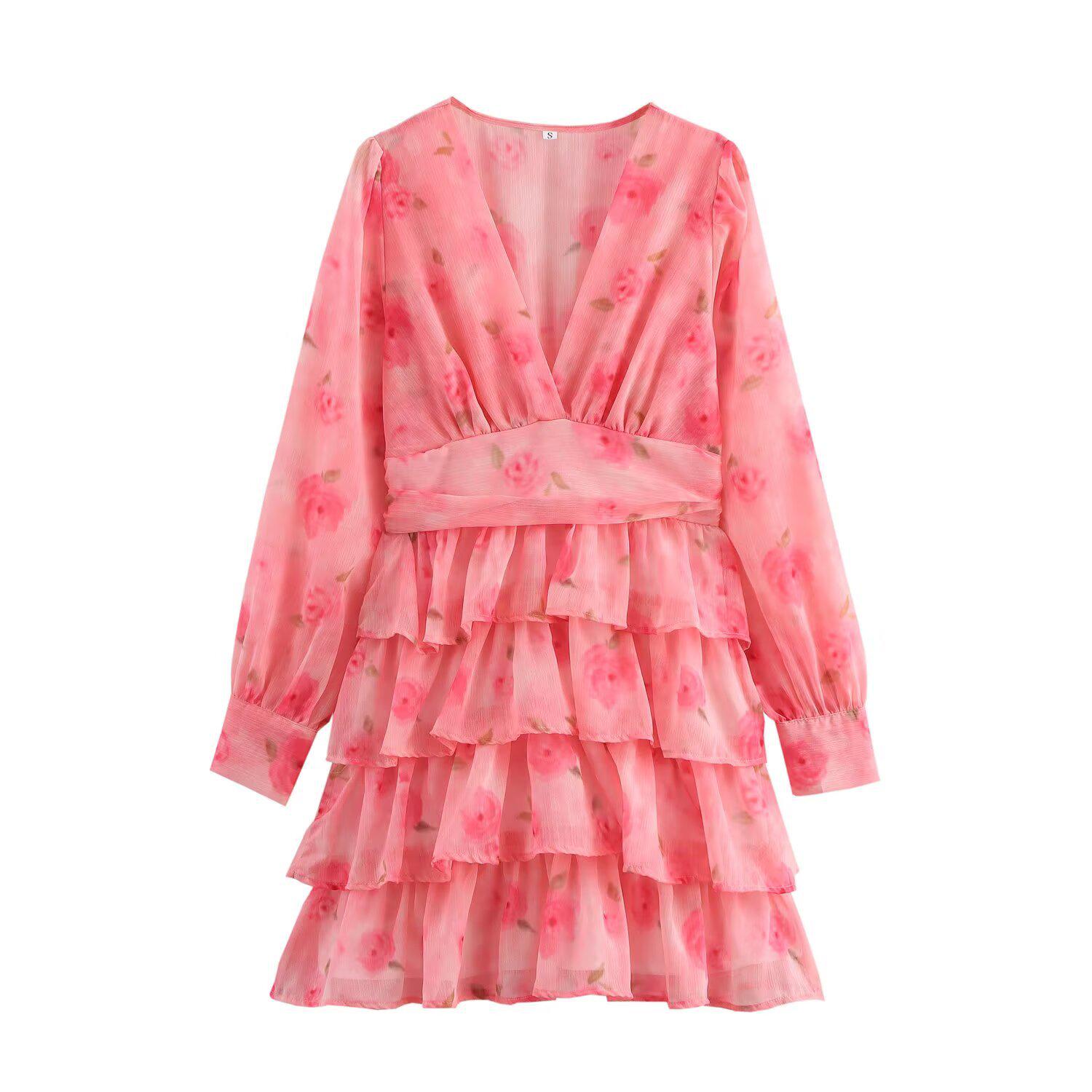 

Весна 2025 Женское платье в европейском и американском стиле с V-образным вырезом и многослойной юбкой M розовый