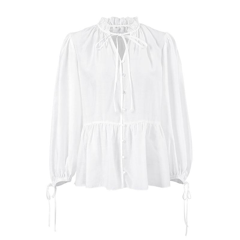 

Fashion Blouses Puff Sleeves Shoelace 2025 Summer Casual Tops Loose White S(Suggested 47.50 kg-52.50 kg)