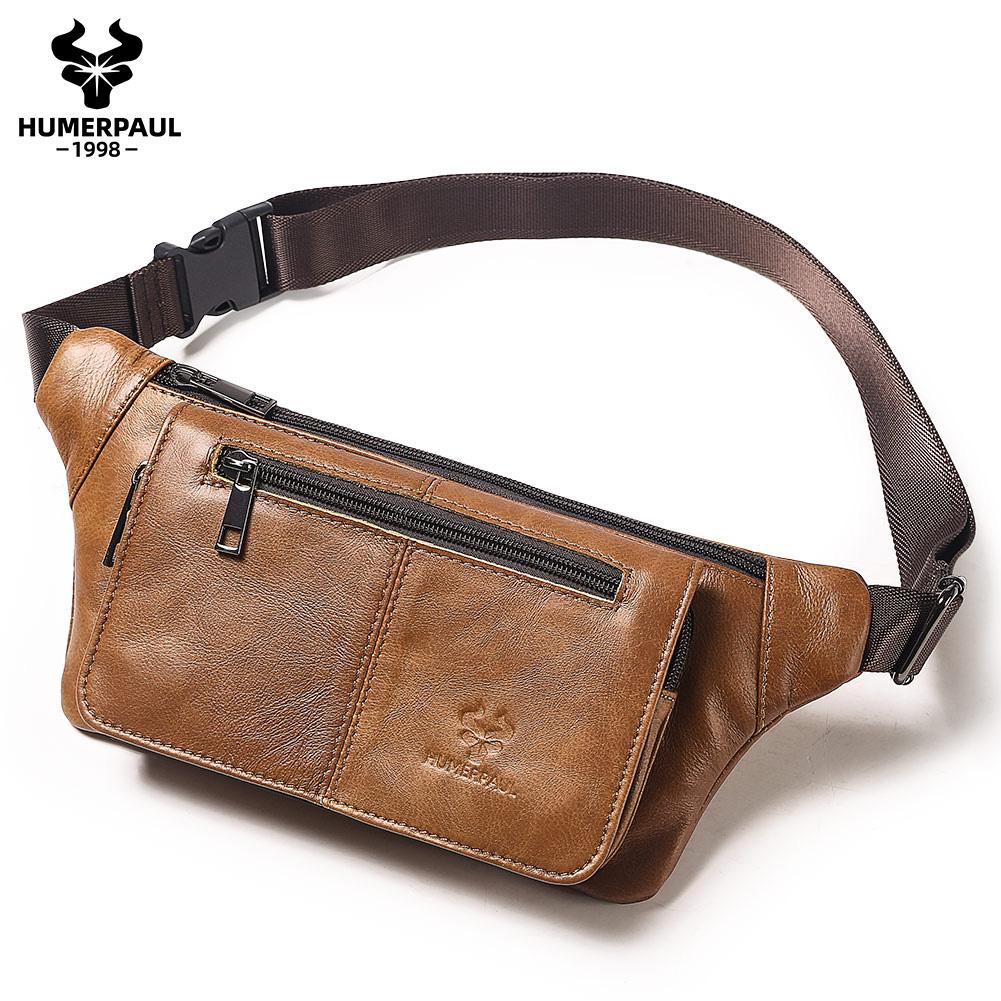 

HUMERPAUL Men leather waist bag, first layer cowhide messenger bag lightweight large-capacity waist bag shoulder bag multi-compartment chest bag коричневый