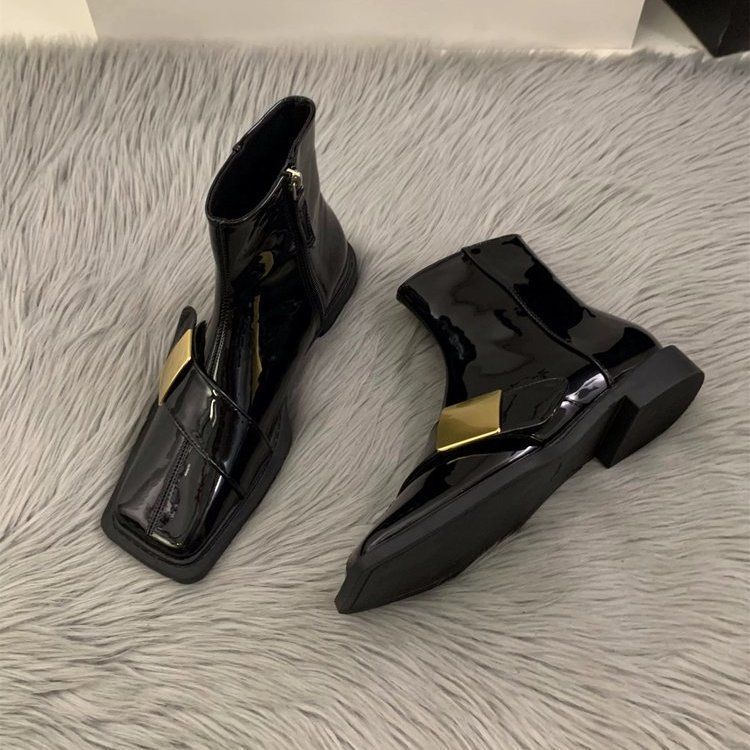 Thick heel thin boots metal buckle short boots 2025 autumn new French square head side zipper thin boots Martin boots women