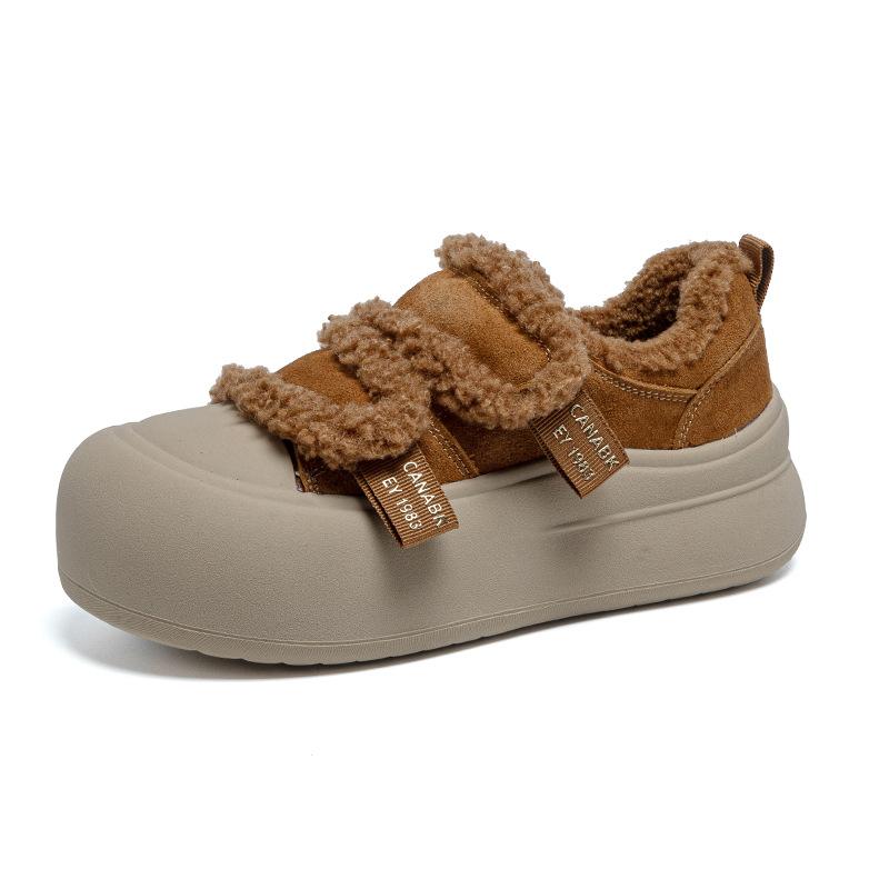 Fleece warm casual shoes autumn and winter new wear leather thick-soled Velcro large cotton board shoes