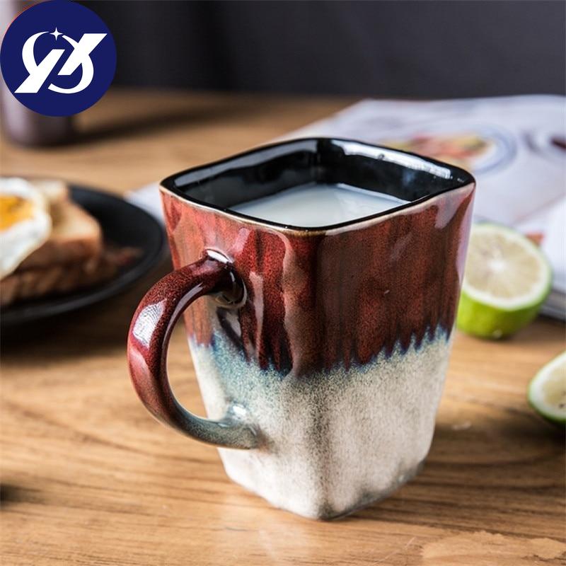 Creative Flow Glaze Square Coffee Mug With Spoon and Lid Retro Tea Cup Simple Household Matte Color Ceramic Milk Water Cup Gift