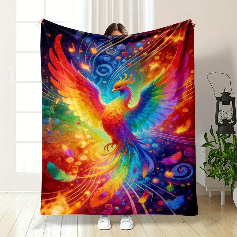 Colorful Rainbow Phoenix with Abstract Patterns Flannel blanket for bedroom, living room, sofa, and nap sofas