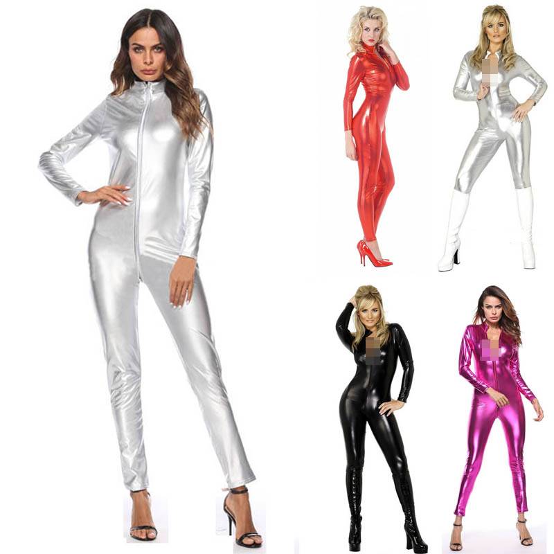 Catsuit Metallic Sexy Stretch Bodysuit Zipper Adult Costume Fashion Jumpsuit