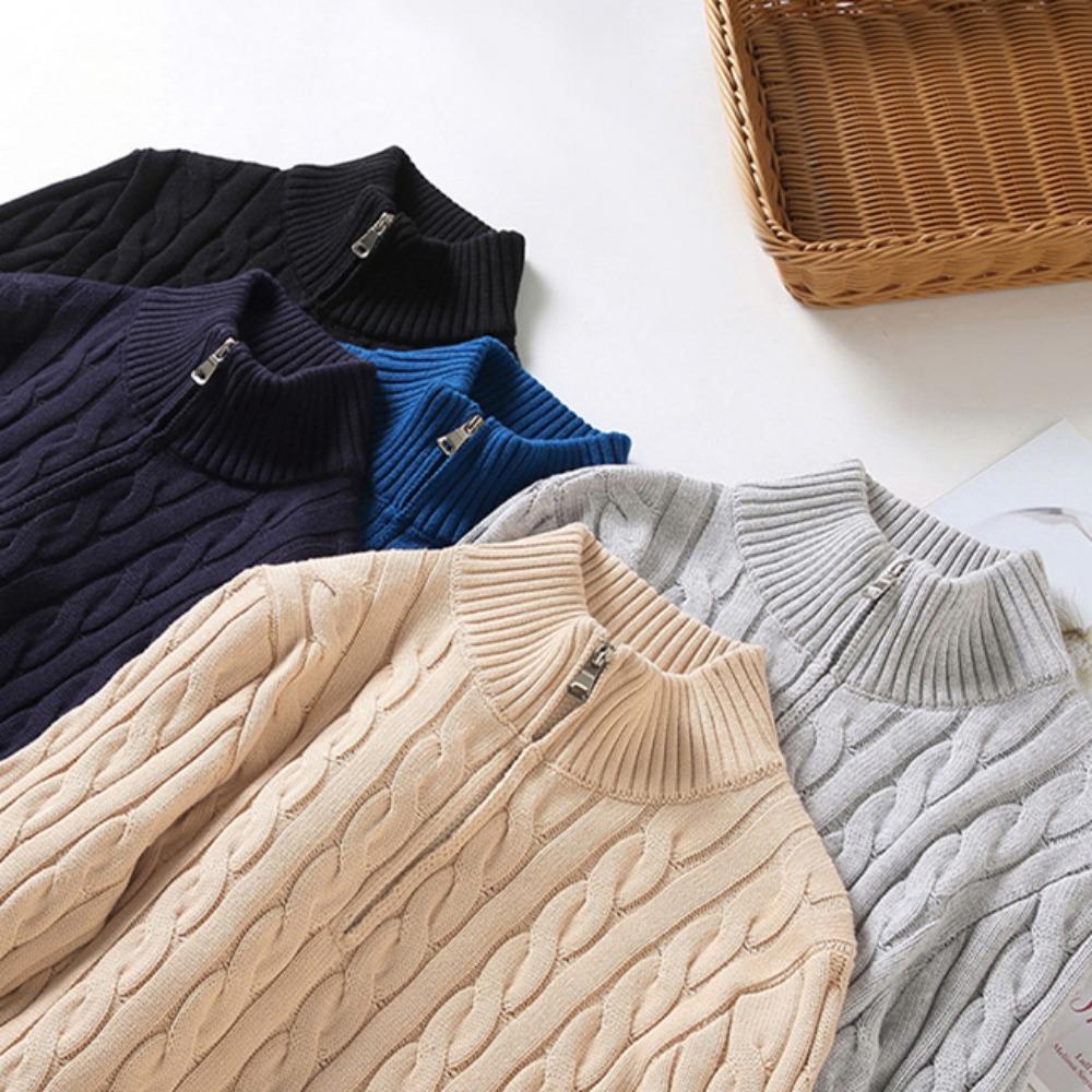 Pánské svetry ze 100% bavlny, vysoce kvalitní podzimní pletený svetr s copánkovým vzorem na zip, rolákové pulovry se zipem, Homme