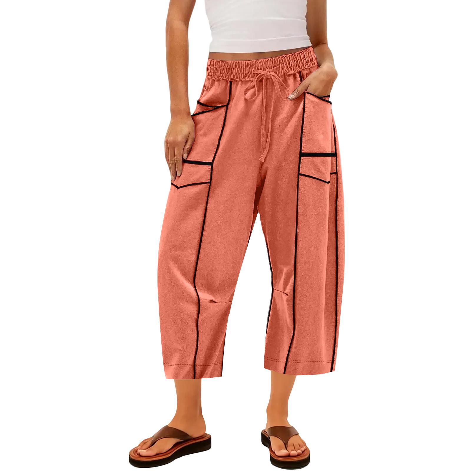 

Ladies wide leg pants, high waisted straight leg pants, spliced pockets, casual cropped pants XL кавун червоний колір