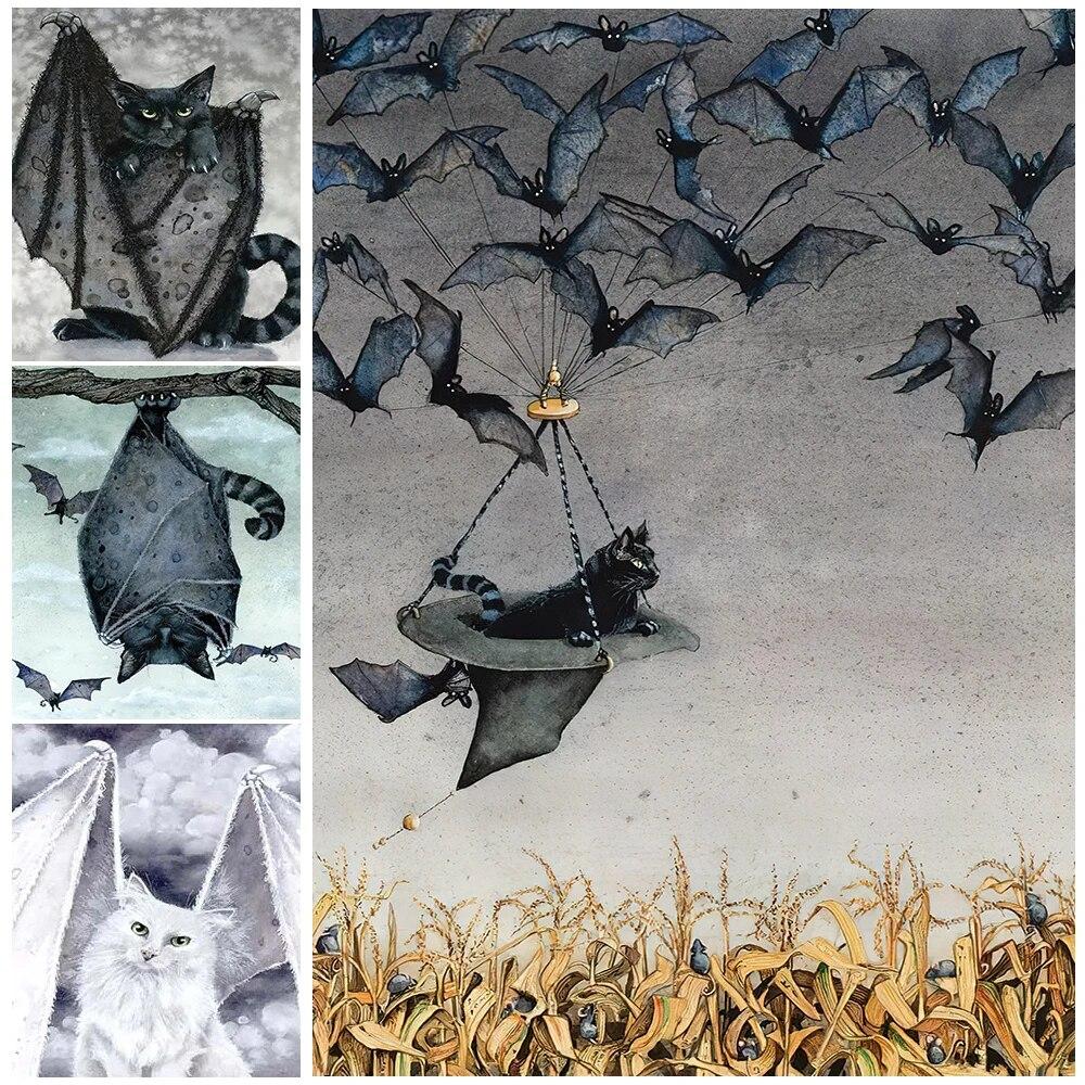 

Кот-волшебник с крыльями демона, настенная живопись на холсте для гостиной, художественный принт, летучая мышь, кот, колдовской плакат и принты, домашний декор без рамки