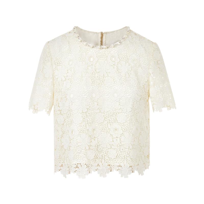 

French Romantic Floral Lace Short Sleeve Blouse M
