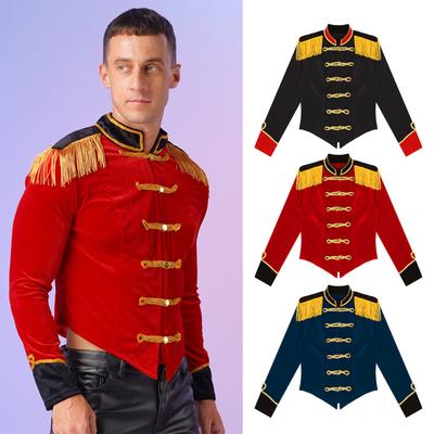 M-3XL Pánský kostým cirkusového konferenciéra na Halloween Sametová bunda s třásněnými ramenními popruhy a stojáčkem, Gotický cosplay kabát