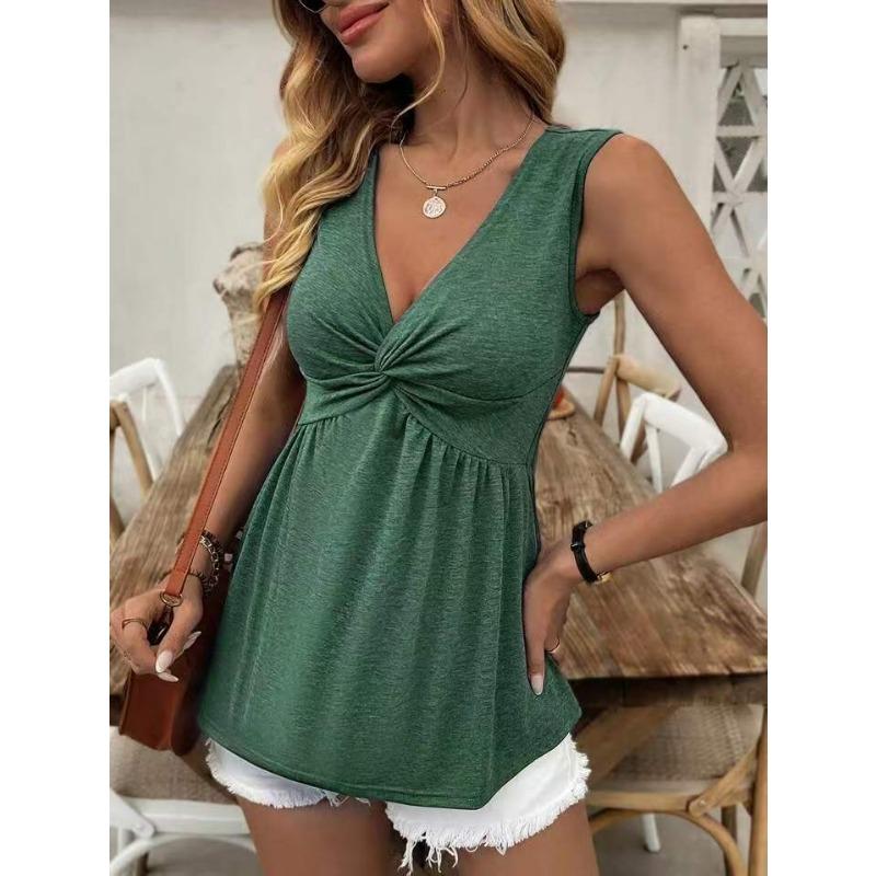 DAFIFY Women's Fashion Casual Summer Spring Solid Color Print Sleeveless V-Neck Blouses & Shirts