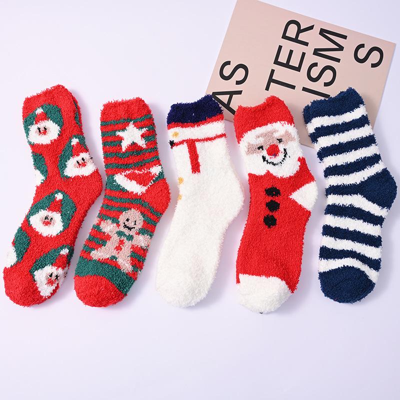 Customizable Women's Winter Coral Fleece Socks - Thick, Christmas Red, Half-Velvet for Home and Sleep