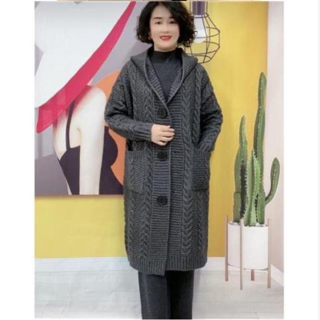 

Женский кардиган с жаккардовым плетением, весна-осень, большого размера, длинный однобортный вязаный кардиган с капюшоном 2XL