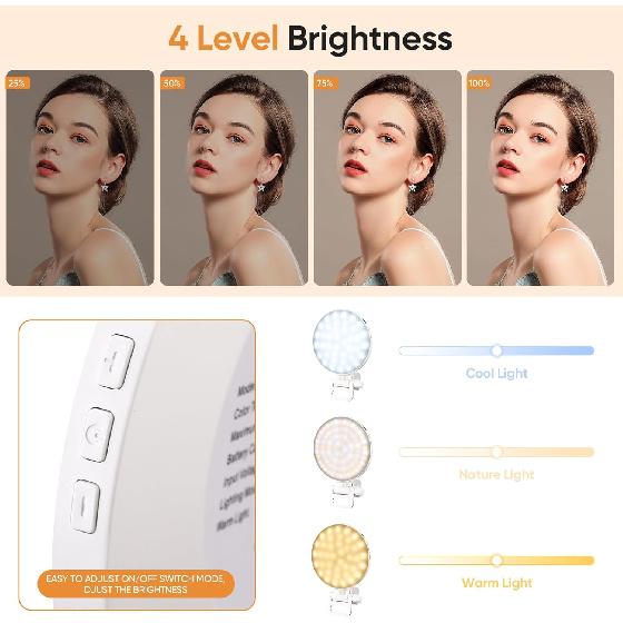 Selfie Light, Clip on Light [Rechargeable], 360°+90° Adjustable 12 Level Brightness Fashionable Portable Phone Selfie Light for Phone, Laptop,