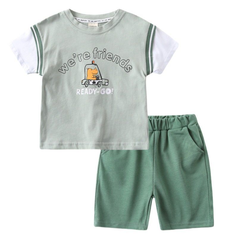 Boy Summer Short-Sleeved Top Suit Baby Cartoon Hippo Car Two-piece Set Kids Pure Color Shorts Clothes