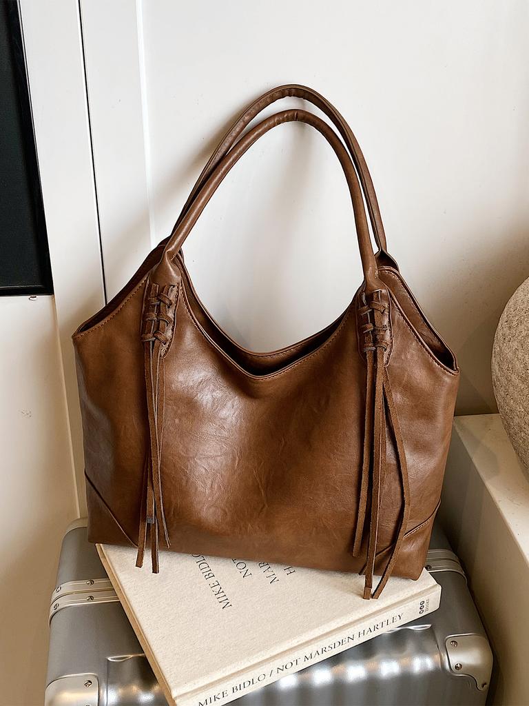 Retro Large Capacity Shoulder Bag for Women Korean Style Traveling Zipper PU Tote Bags Autumn New Solid Color Student Handbags