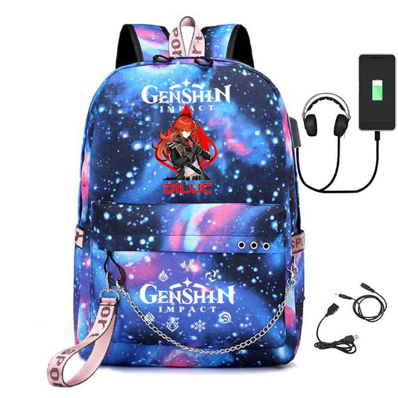 Harajuku Jugendliche Schultaschen Unisex Genshin Impact Reisetaschen USB-aufladbar Oxford Wasserdicht Notizbuch Schulterrucksäcke