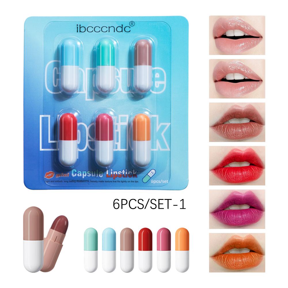 6pcs/set Mini Cute Capsule Lipstick Set with Lip Balm Moisturizing Waterproof Non-stick Cup Carry Pill Lipstick Lips Makeup Gift