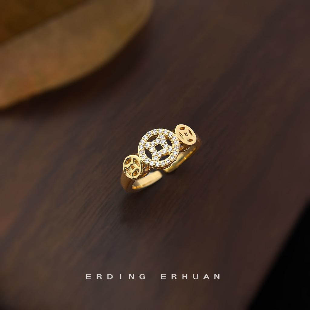 [Money comes money]~ Micro-inlaid zircon electroplating 18K real gold thickened opening adjustable ring ring index finger ring