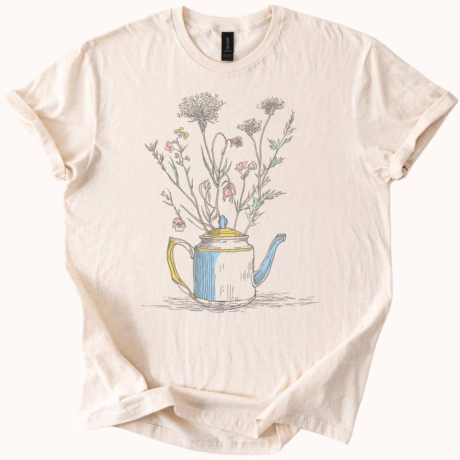 Wildflower Teapot Illustration Graphic T Shirt Hand Drawn Botanical Floral Nature Art Tee Unique Flower Pot Design Gift Shirt 120