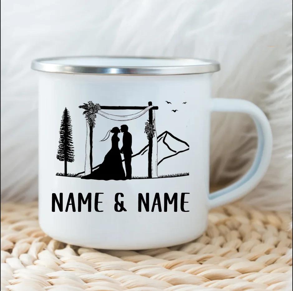 Personlig present Par Emaljmugg Anpassad Namnmugg Mjölk Kaffe Lägereldsmugg Skogsbröllopspresenter Mugg Camping Bergsmuggar