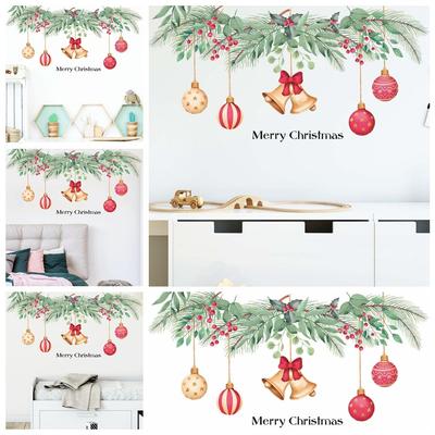 Fundo de Sofá Decoração de Casa Frutos Vermelhos Ramo de Planta Verde Mural de Janela Feliz Natal Adesivos de Parede Sinos Bolas Decalque