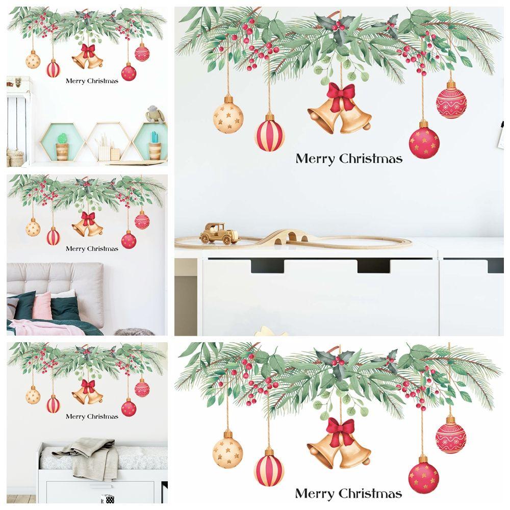 

Sofa Background Home Decoration Red Berries Green Plant Branch Window Mural Merry Christmas Wall Stickers Bells Balls Decal