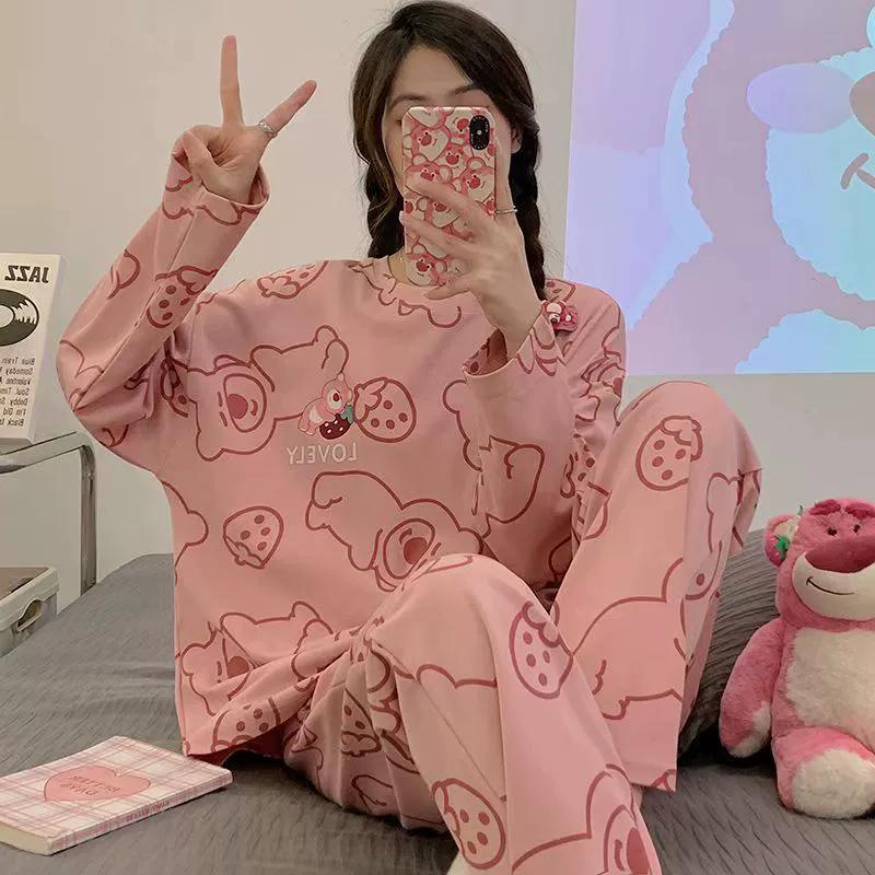 بيجامة شتوية جديدة 18 لون، نسائية، النسخة الكورية، بأكمام طويلة، بدلة منزلية، فضفاضة، مقاس كبير، بدلة من قطعتين، يمكن ارتداؤها في الخارج