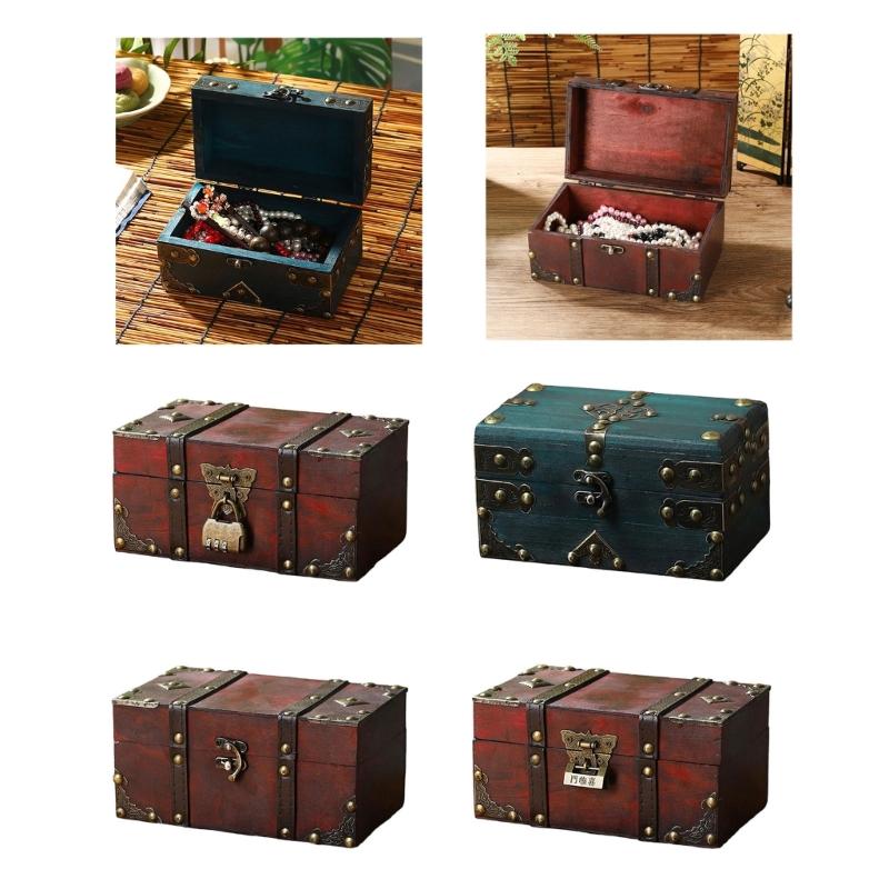 Antique Wooden Storage Box with Lock Decorative Hinged Lid Small Chest for Coin Jewelry Keepsakes Home Decoration