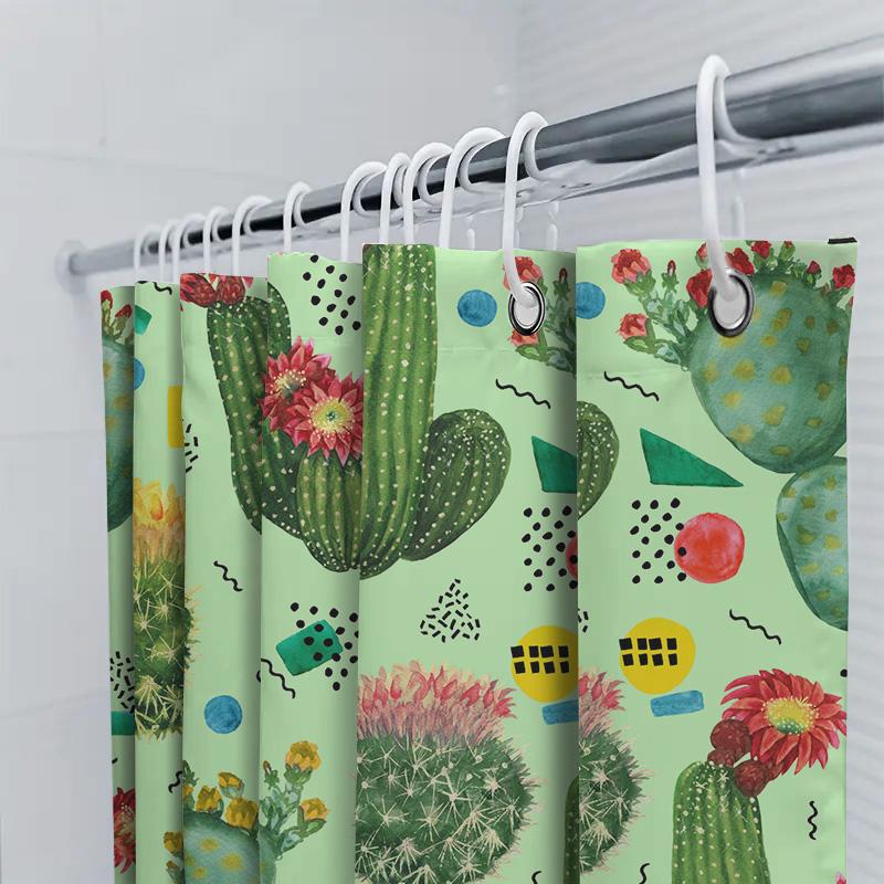 Green Cactus Shower Curtain Floral Print Bathroom Decor Faux Washed Linen Fabric Watercolor Design 72 X 84 Inches For Home Decor