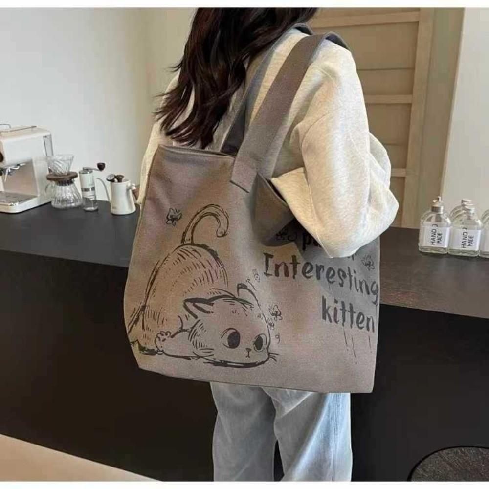 Fashion Cute Cat Tote Bag Large Capaci Canvas Shoulder Bag Casual Commuting Bag Women's Handbag Student