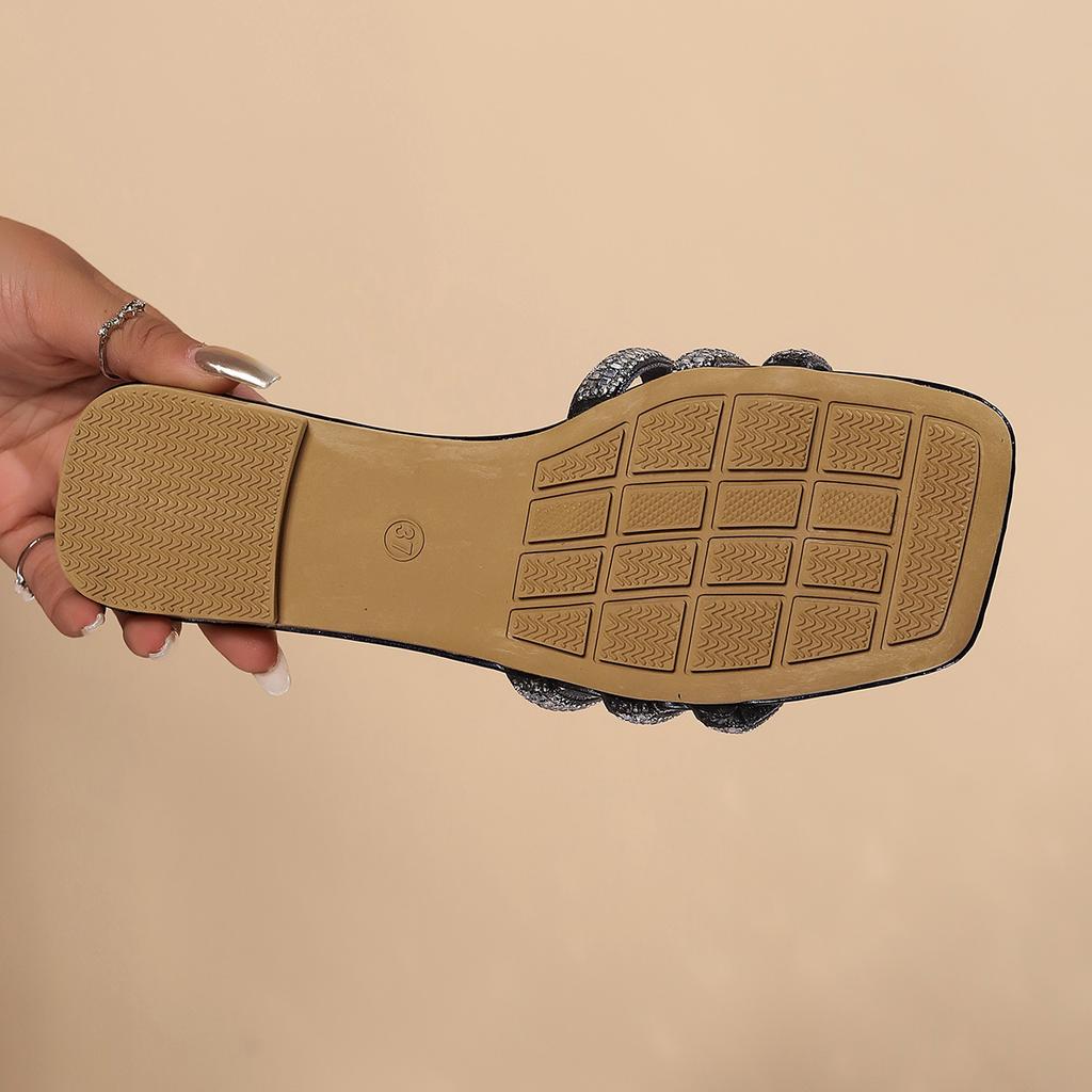 Large Size, Slippers, Ladies', Rhinestones, Flat Bottomed, Sandals, Outerwear, Square Toe, Sandals