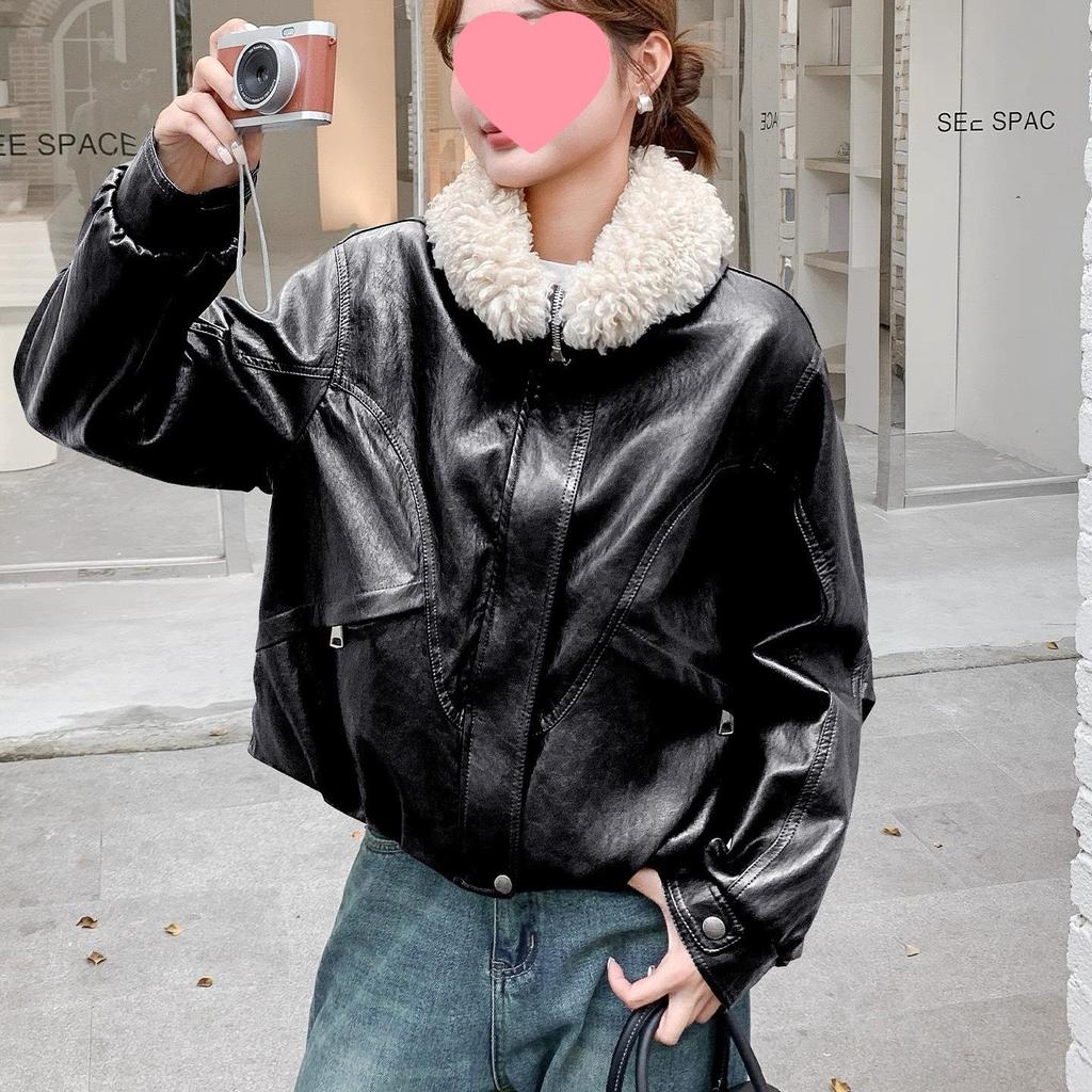 Women's Autumn/Winter 2025 Plus Velvet Plush Lapel Leather Coat - Warm, Thick, Loose, Slimming Cotton Jacket