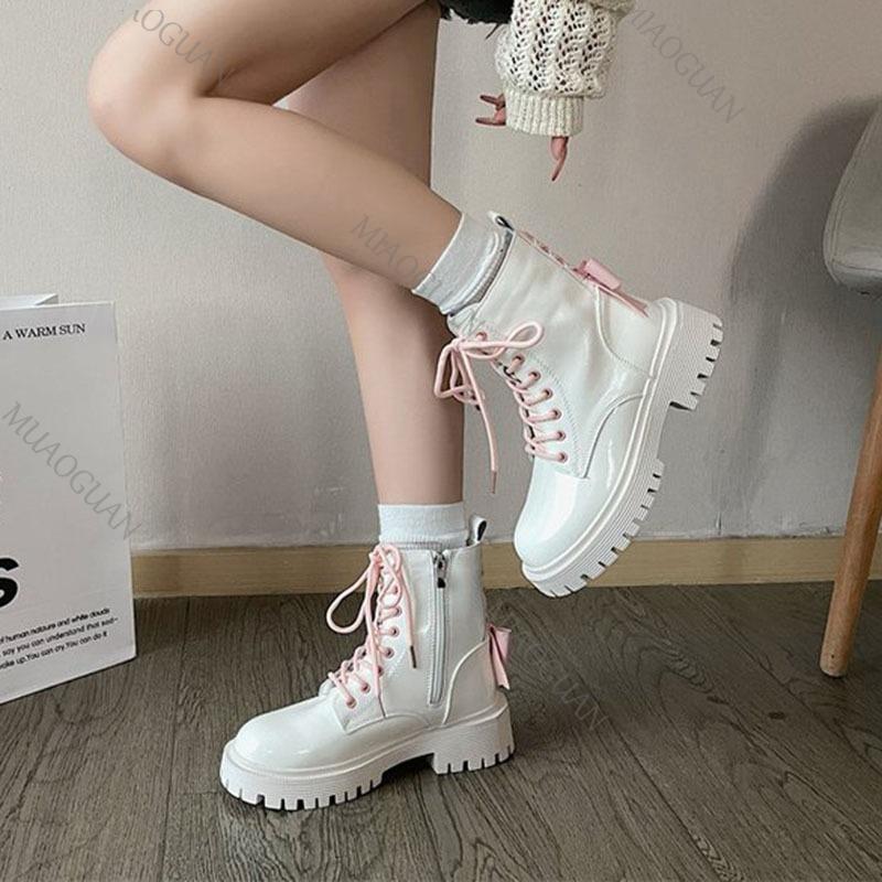 Fashion Punk Chunky Platform Motorcycle Boots Women Fashion Bowknot Lace-up Thick Bottom Ankle Boots Woman Autumn Winter Gothic Shoes