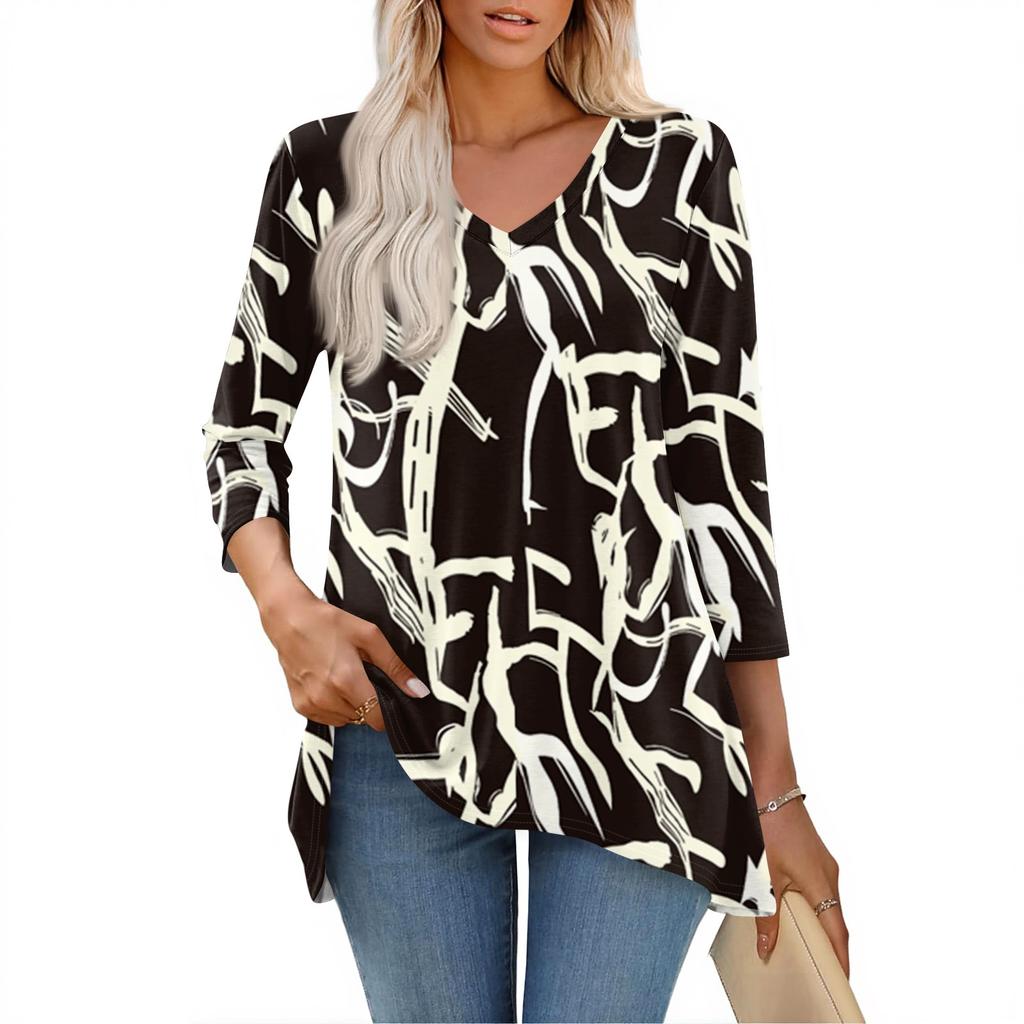 Dámské topy s výstřihem do V a 3/4 rukávem, ležérní košile střední délky, módní tuniky s potiskem