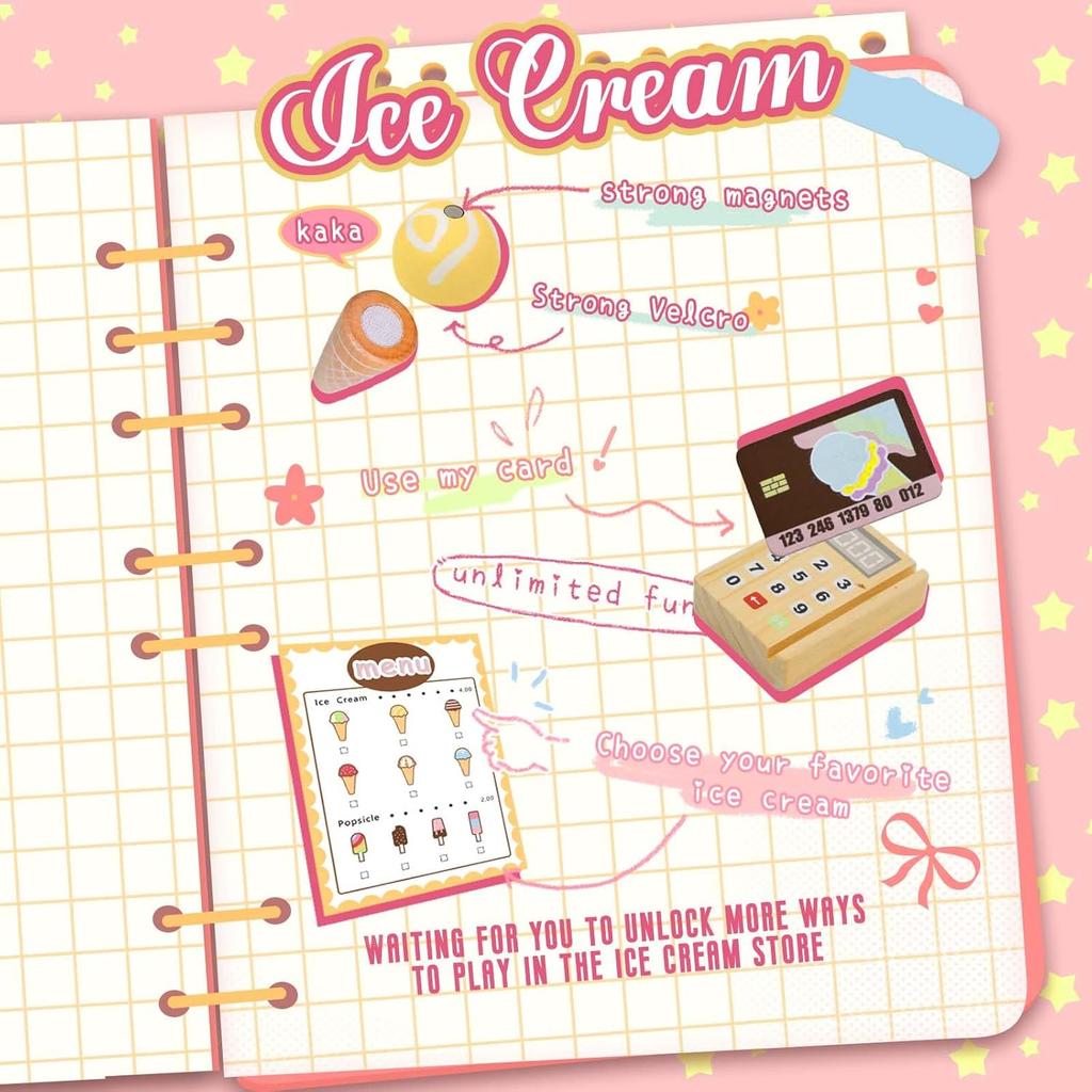 Wooden Ice Cream Counter Playset for Toddler Toy Montessori Kitchen Pretend Play Toy Kitchen Accessories Kids Role Playing Games