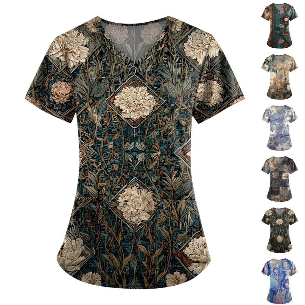Plus Size Printed Scrub Working Uniform Tops For Women's V-Neck Print Short Sleeve Fun T-Shirts Workwear Tee With Pockets