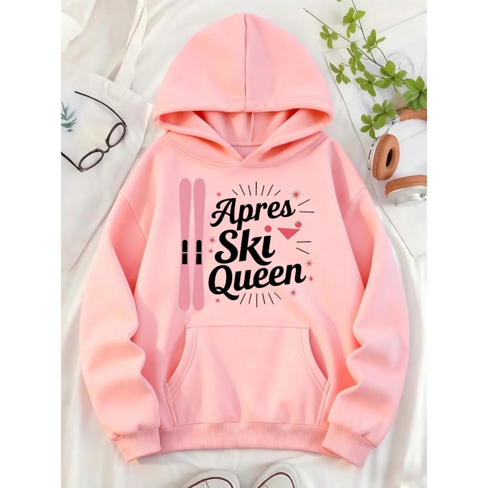 Women Snowboard "Apres Ski Queen" Print Fleece‑Lined Hoodie Warm Casual Sweatshirt With Pocket
