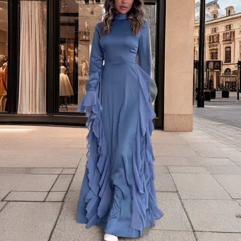 Frühling Europäische und Amerikanische Damenbekleidung Rundhals Trompetenärmel Temperament Hohe Taille Spleißband Kleid
