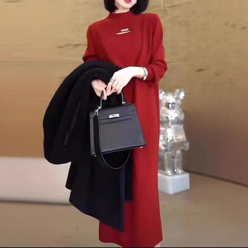 

Semi-turtleneck with coat temperament dress women s autumn and winter medium and long loose and thin solid color knitted sweater skirt one size fits all красный