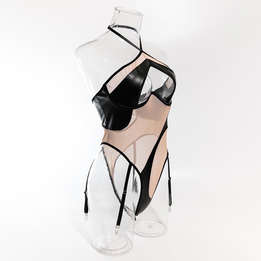 Olayna Sexy Mesh & PU Leather Halter Neck Peach Bodysuit