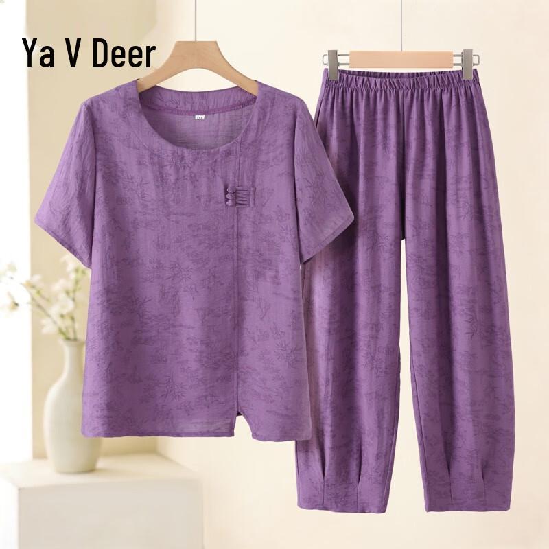 Yalu Women s Mid-Age Summer Cotton Blend Two-Piece Set 5XL