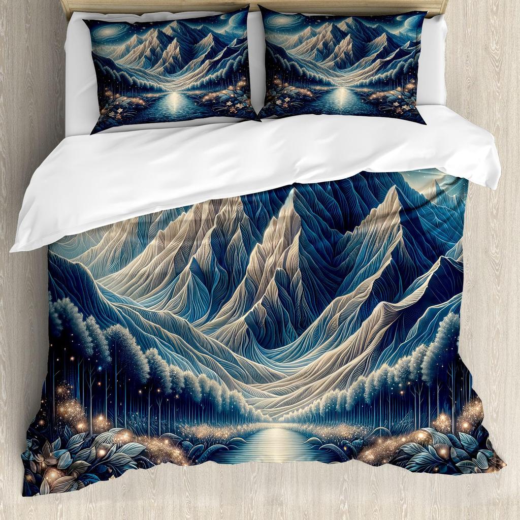 Mountain River Soft Duvet Cover Set Quen Sized Dimensions,Retro Adventure Theme Warm Comforter Cover Nature Scenery Beding Set Young Boys Young Girls
