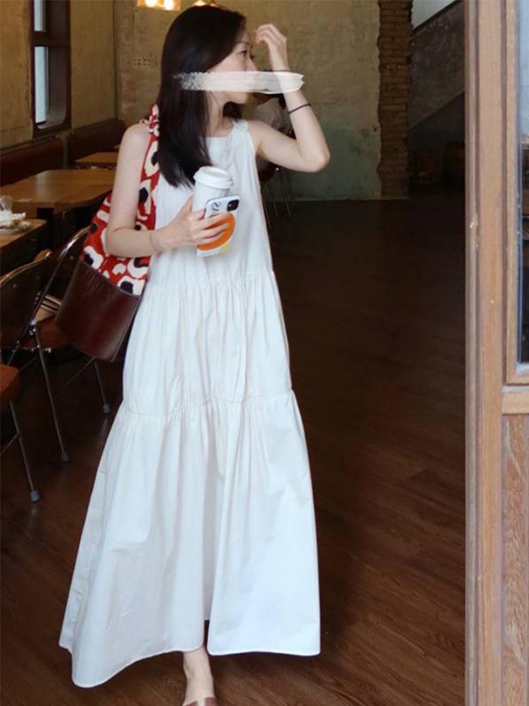 2024 Children's White Fairy French Spaghetti Strap Long Dress for Seaside Vacation